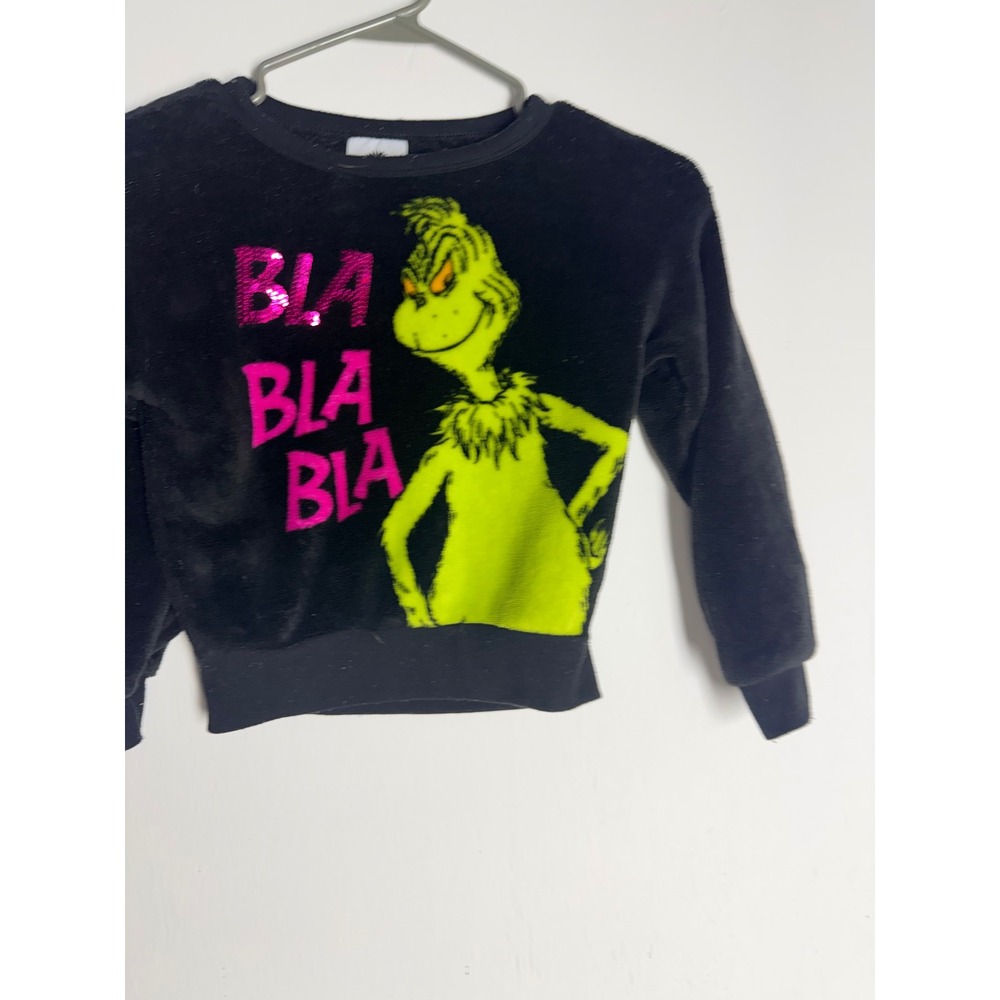 Dr Seuss The Grinch Bla Bla Bla Black Fuzzy Sequin Sweatshirt Kids XS 4-5